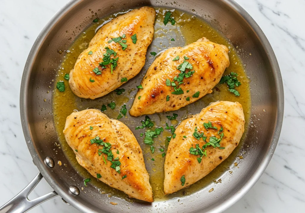 Poulet au citron et poivre terminé dans la poêle, garni de persil