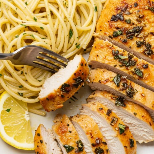 Assiette avec du poulet grillé coupé en tranches, nappé d'une sauce aux herbes, servi avec des spaghettis au beurre et citron. Le tout est décoré de deux quartiers de citron frais