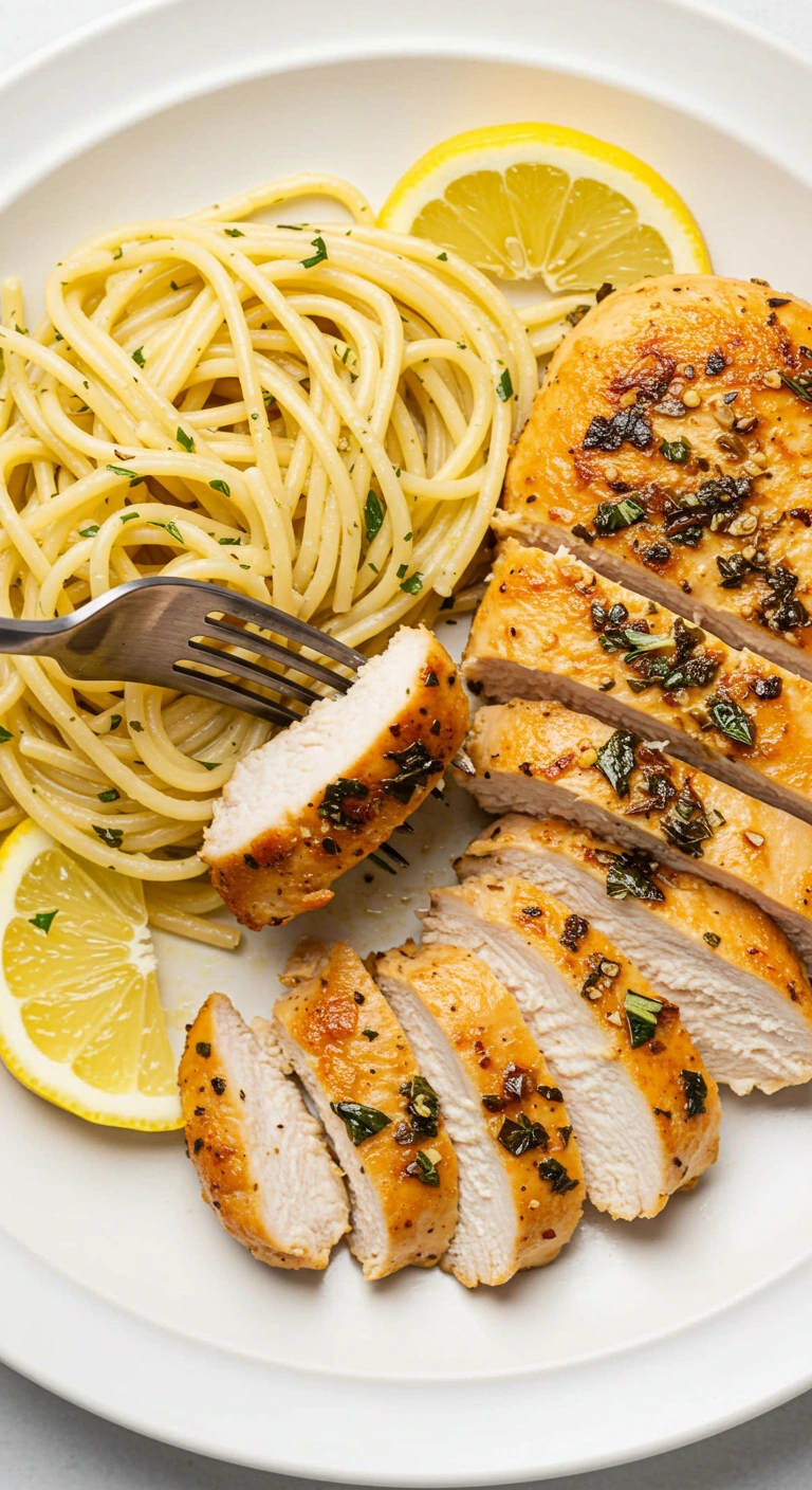 Assiette avec du poulet grillé coupé en tranches, nappé d'une sauce aux herbes, servi avec des spaghettis au beurre et citron. Le tout est décoré de deux quartiers de citron frais