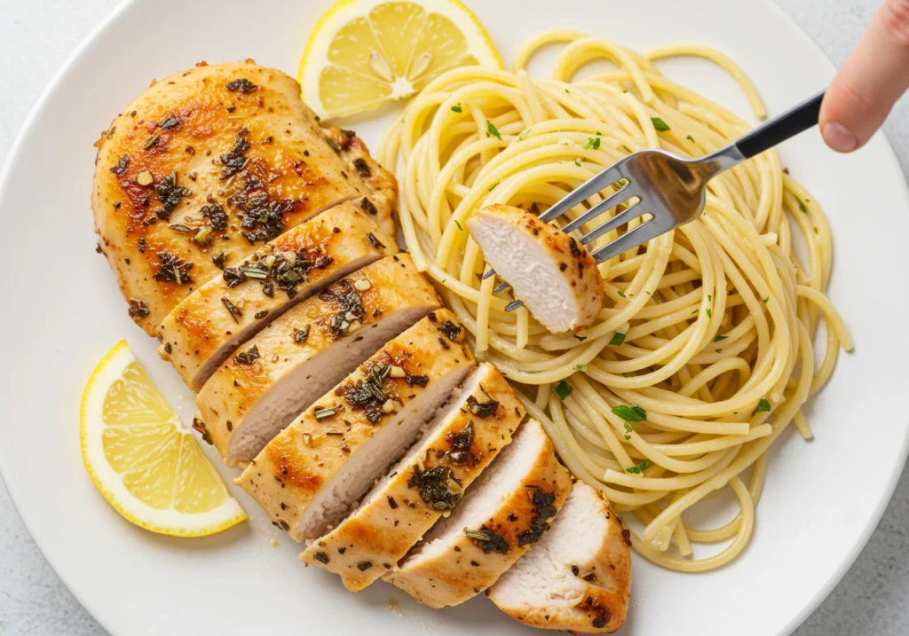 Une fourchette soulevant une tranche de poulet au citron et poivre de l’assiette