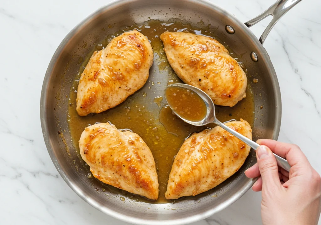 Poulet remis dans la poêle, sauce versée sur le dessus