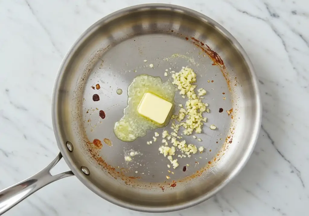Beurre et ail ajoutés dans la poêle
