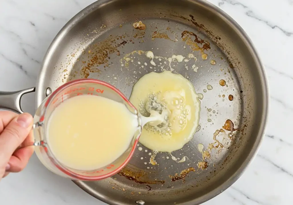 Bouillon de poulet versé dans la poêle