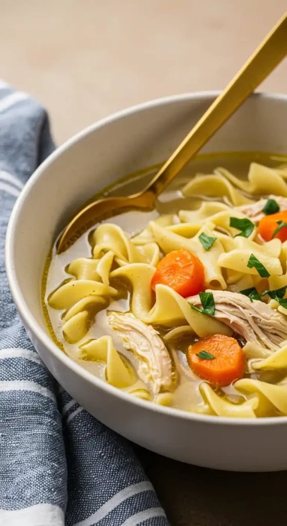 Un bol blanc rempli d'une soupe au poulet et aux nouilles. On peut voir des morceaux de poulet, des carottes, du céleri et des pâtes.