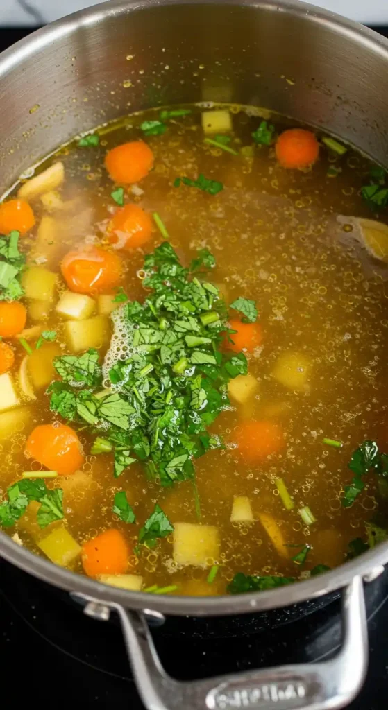 Une casserole remplie d'une soupe au poulet et aux légumes en train de mijoter. On peut voir des carottes, du céleri, des pommes de terre et des herbes fraîches.