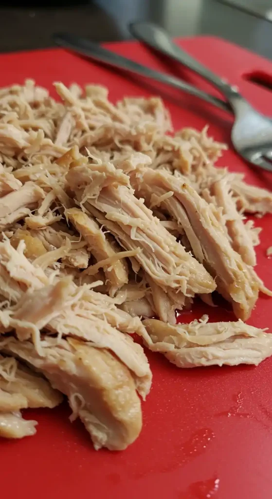 De la viande de poulet cuite et effilochée reposant sur une planche à découper rouge. Elle est prête à être ajoutée à une soupe au poulet et aux nouilles.