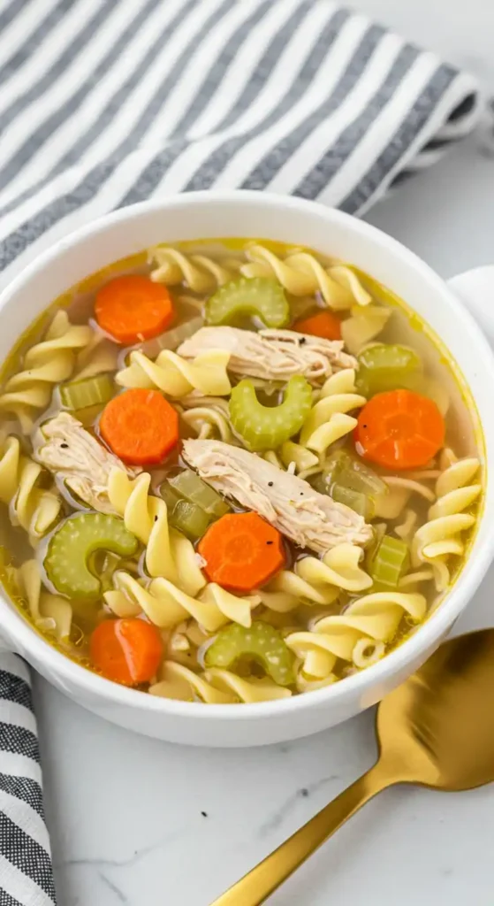 Un bol blanc rempli d'une soupe au poulet et aux nouilles. On peut voir des morceaux de poulet, des carottes, du céleri et des pâtes.