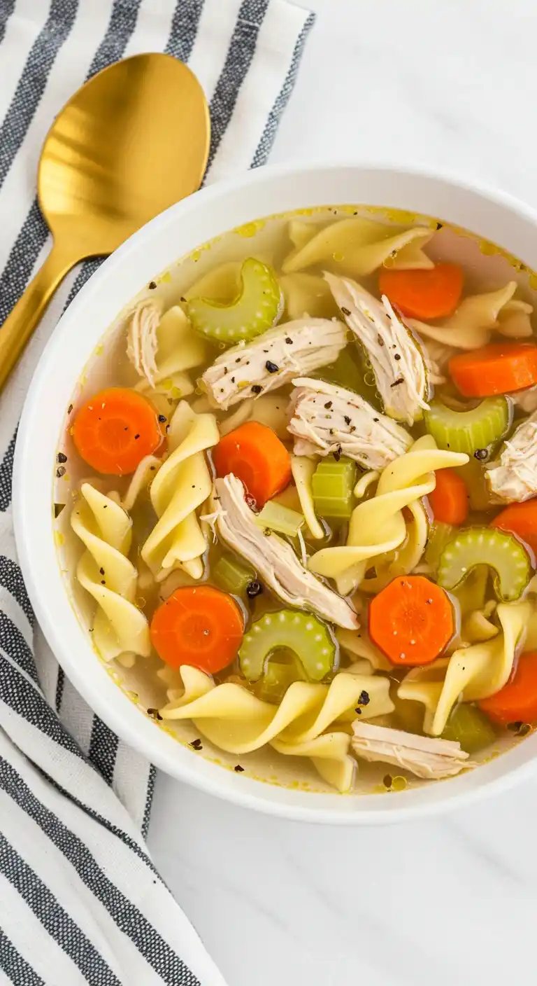 Un bol blanc rempli d'une soupe au poulet et aux nouilles. On peut voir des morceaux de poulet, des carottes, du céleri et des pâtes.
