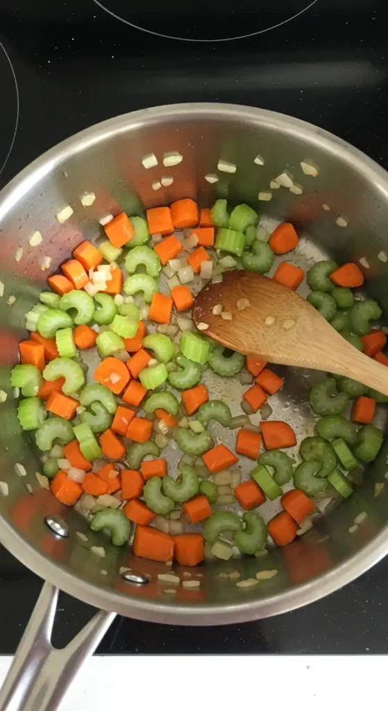 Des carottes et du céleri hachés, sautés dans une casserole en acier inoxydable. Ils sont prêts à être ajoutés à une soupe au poulet et aux nouilles.