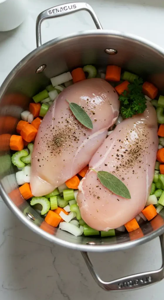 Deux poitrines de poulet crues, assaisonnées de poivre et de feuilles de sauge, reposent sur un lit de carottes et de céleri hachés dans une grande casserole en acier inoxydable. Elles sont prêtes à être cuites pour une soupe au poulet et aux nouilles.