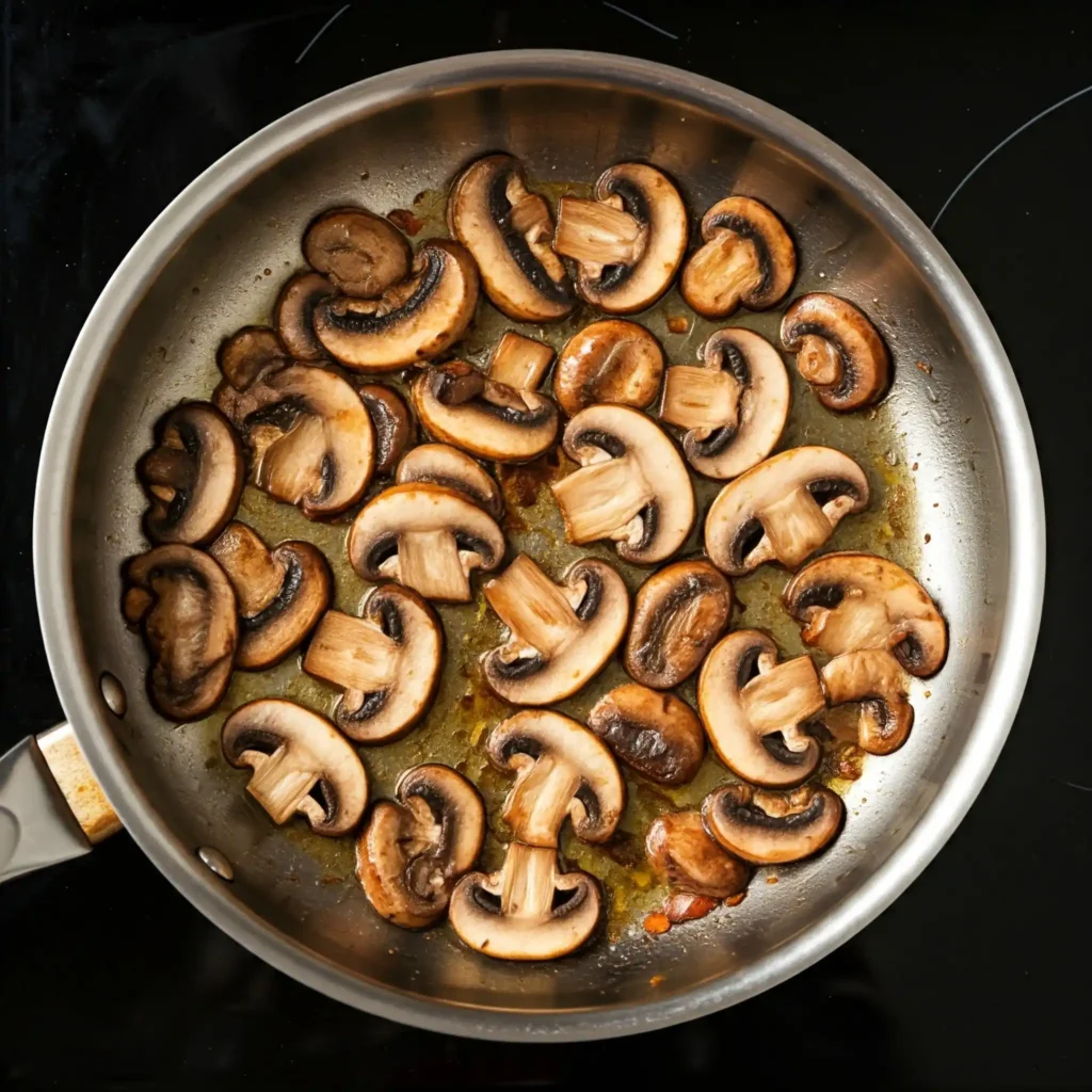 Champignons de Paris tranchés en train de dorer dans une poêle, étape de préparation pour un risotto poulet champignon.
