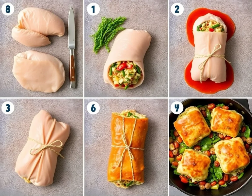 étapes de préparation des paupiettes de poulet farcies maison : farce, roulage et ficelage