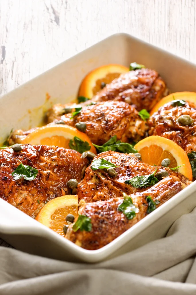 cuisses de poulet en cours de cuisson au four, dorées et croustillantes à 200°C