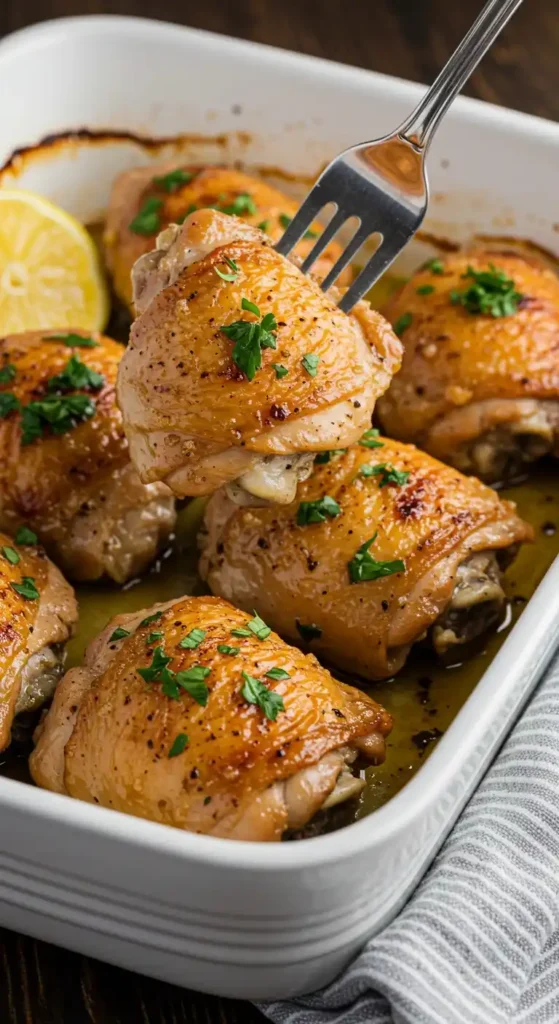 cuisses de poulet rôties dorées et croustillantes garnies de romarin frais et citron dans un plat blanc