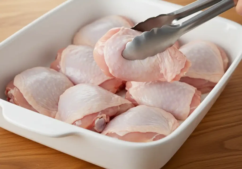 cuisses de poulet crues disposées dans un plat blanc allant au four avant assaisonnement