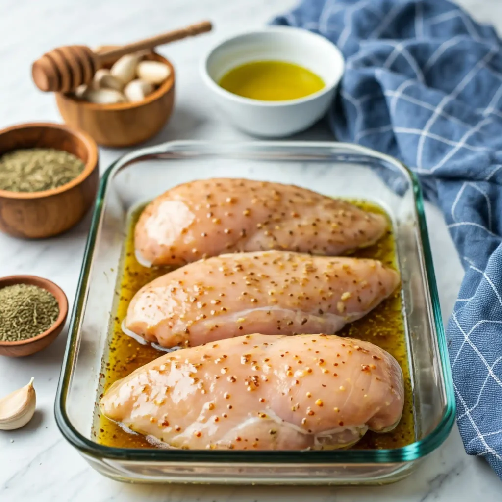 trois blancs de poulet crus dans un sac de congélation avec huile d'olive, ail et herbes séchées pour marinade