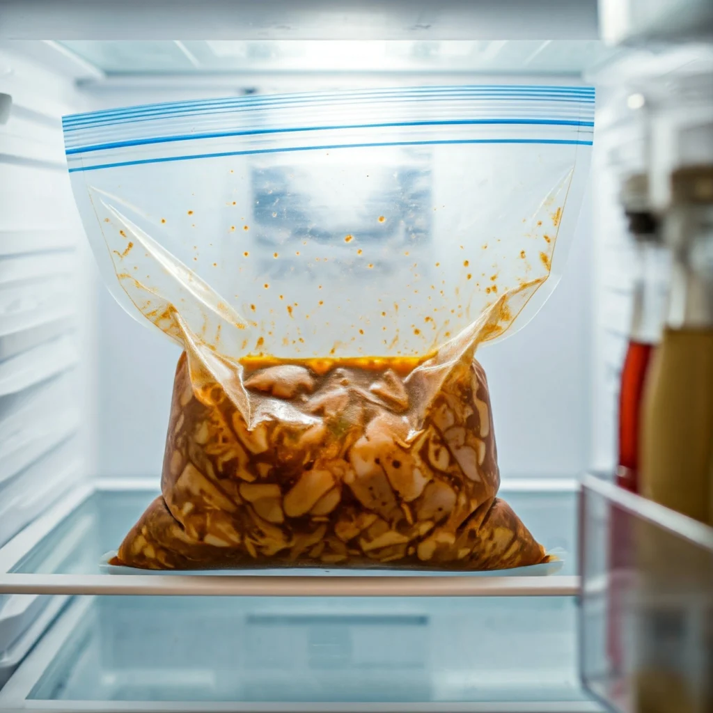 sac de congélation avec brochettes de poulet marinées au réfrigérateur pendant 2 à 12 heures