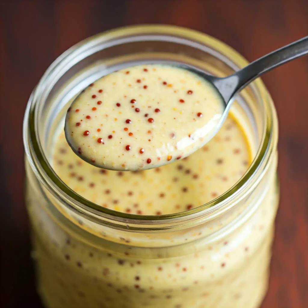 Marinade miel moutarde : Gros plan sur une cuillère contenant une marinade crémeuse de couleur jaune clair, avec de petites graines de moutarde visibles, qui est sur le point d'être versée depuis un bocal en verre. La consistance et la couleur suggèrent un mélange de miel, de moutarde et d'autres ingrédients pour une marinade sucrée et acidulée, parfaite pour assaisonner du poulet.