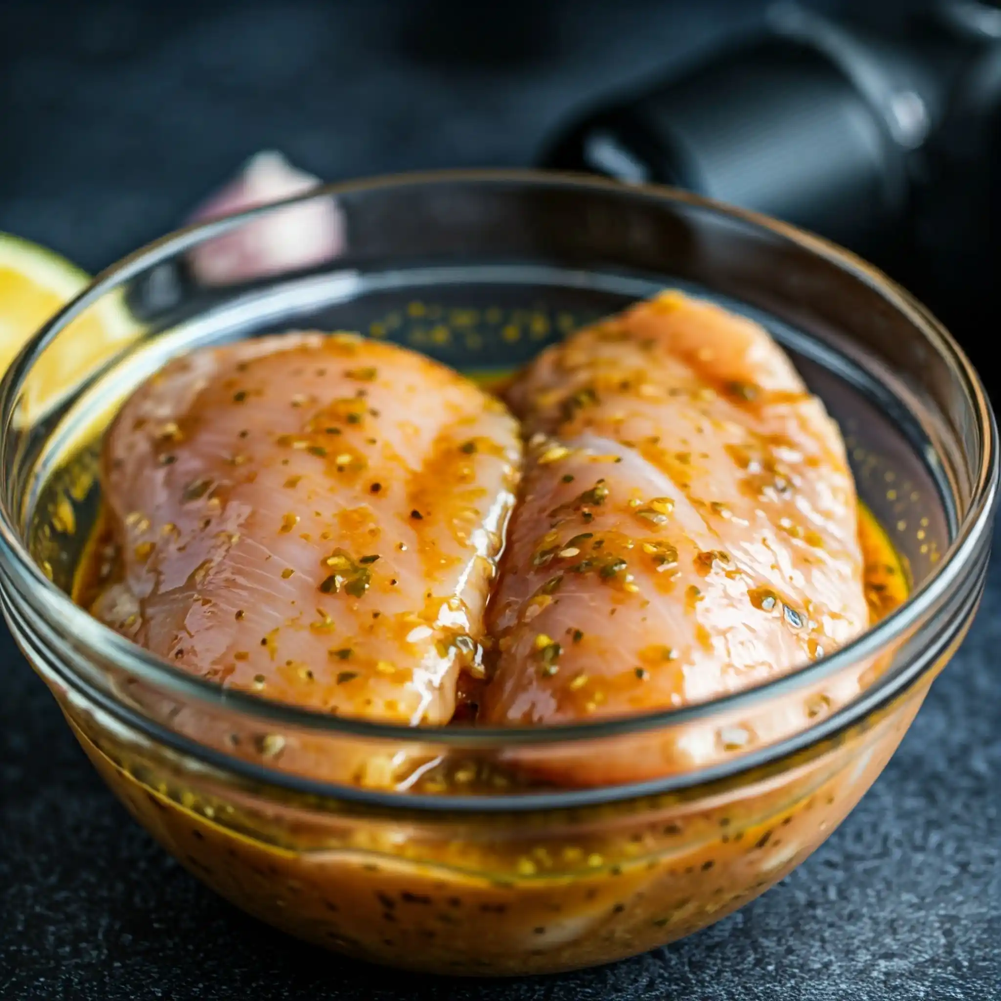 Poulet mariné au citron : Deux filets de poulet sont immergés dans une marinade jaune-orangée dans un saladier en verre. La marinade est visiblement parsemée d'herbes et d'épices, suggérant que la viande est en train d'absorber les saveurs du citron et des assaisonnements. Un fond sombre met en valeur la couleur vive de la marinade et de la viande."