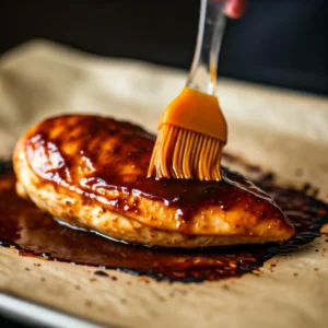 Un plan rapproché montre un filet de poulet cru posé sur du papier sulfurisé, sur lequel une sauce rouge foncé est appliquée à l'aide d'un pinceau de cuisine orange. La sauce semble brillante et s'accumule autour du poulet. L'arrière-plan est sombre et flou.