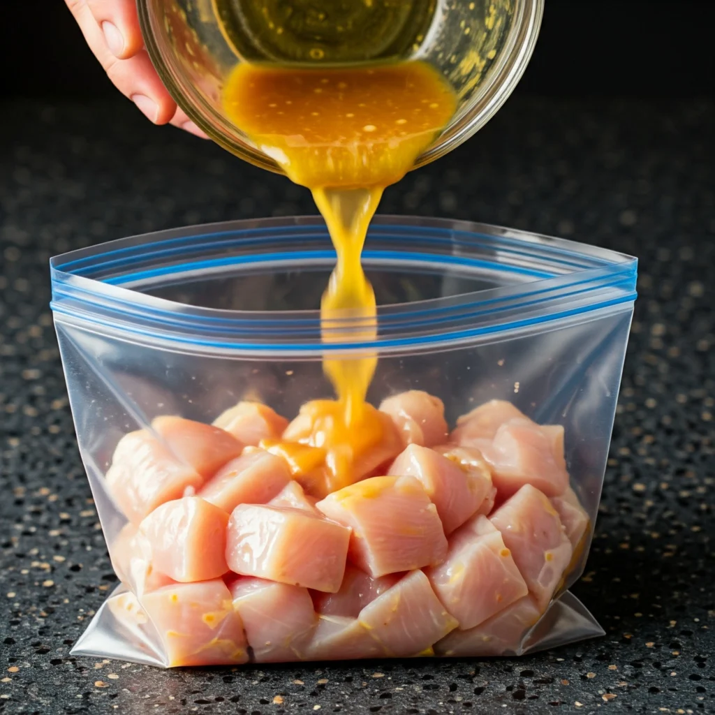 marinade pour brochette de poulet versée sur des cubes de poulet dans un sac de congélation