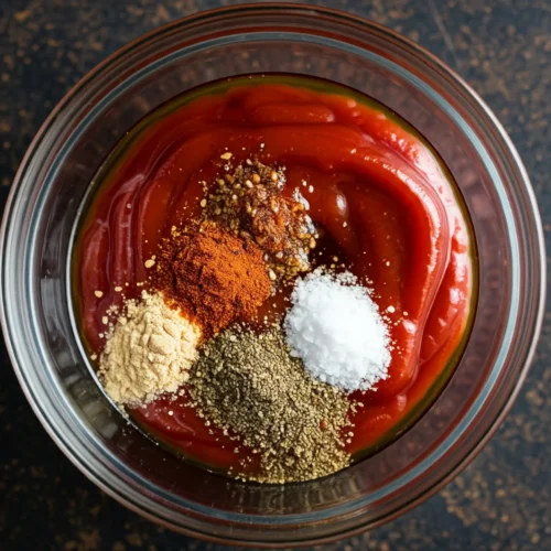 Marinade pour poulet barbecue dans un bol en verre. On voit du ketchup et diverses épices : poudre d'oignon, paprika, poivre noir, sel, et un mélange d'épices.