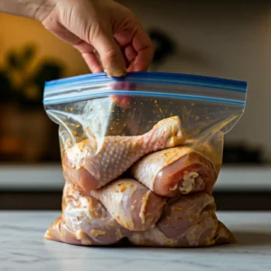 Pilons de poulet en marinade : gros plan sur une main fermant un sac de congélation rempli de pilons de poulet crus, enrobés d'une marinade orangée. La marinade est bien répartie sur les pilons, suggérant qu'ils sont prêts à être laissés à mariner pour un maximum de saveur. Le sac est posé sur un comptoir en marbre clair, avec un arrière-plan flou, mettant l'accent sur la préparation des pilons.