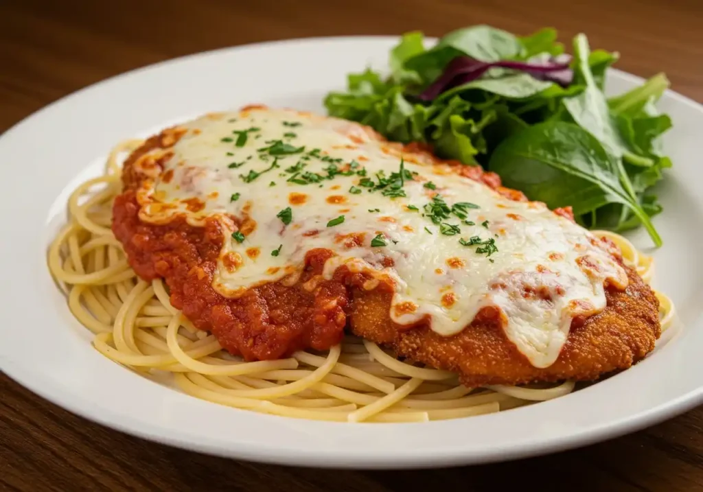 Poulet parmigiana finalisé : l'escalope panée est recouverte de sauce tomate, de mozzarella fondue, le tout servi sur des spaghettis et accompagné d'une salade, prêt à être savouré