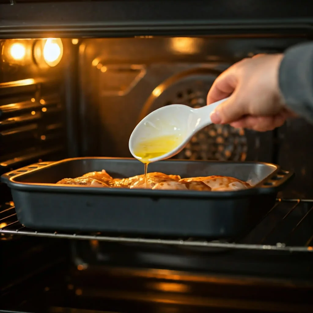 Cuisson des pilons de poulet marinés : gros plan sur une main versant de l'huile sur des pilons de poulet disposés dans un plat à rôtir, à l'intérieur d'un four allumé. L'éclairage du four met en évidence le reflet de l'huile et la préparation des pilons pour la cuisson, suggérant l'étape finale d'une recette simple et délicieuse de pilons de poulet marinés