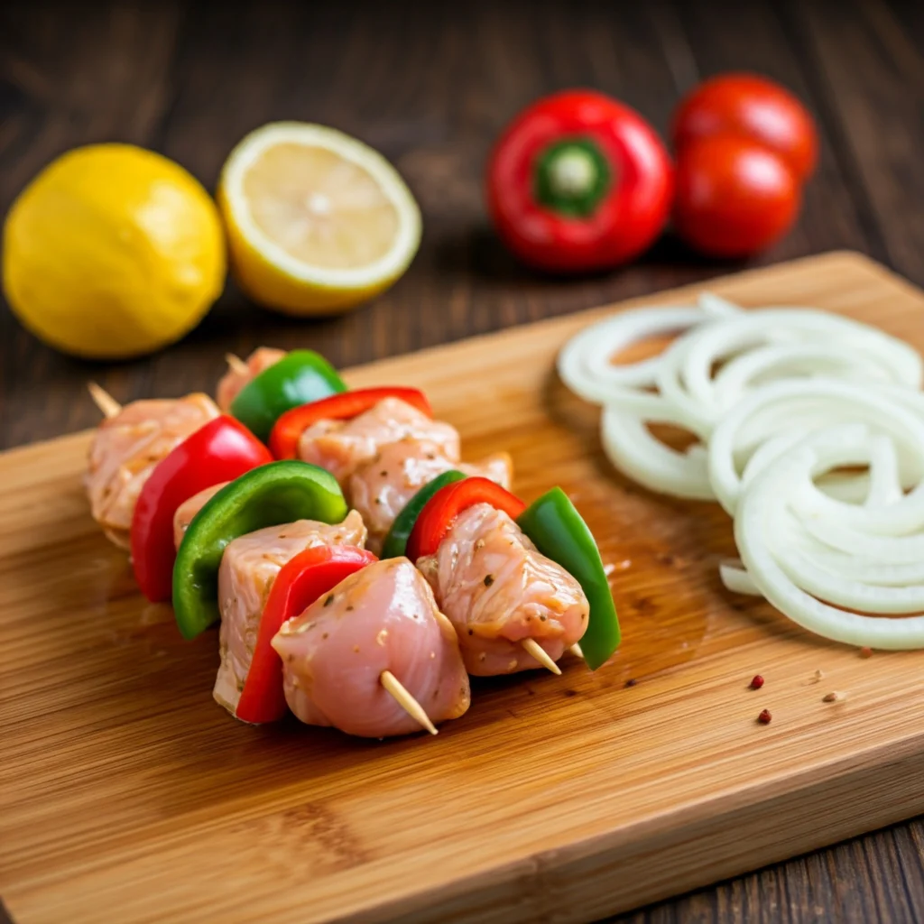 brochettes de poulet marinées avec poivrons et oignons prêtes pour le barbecue