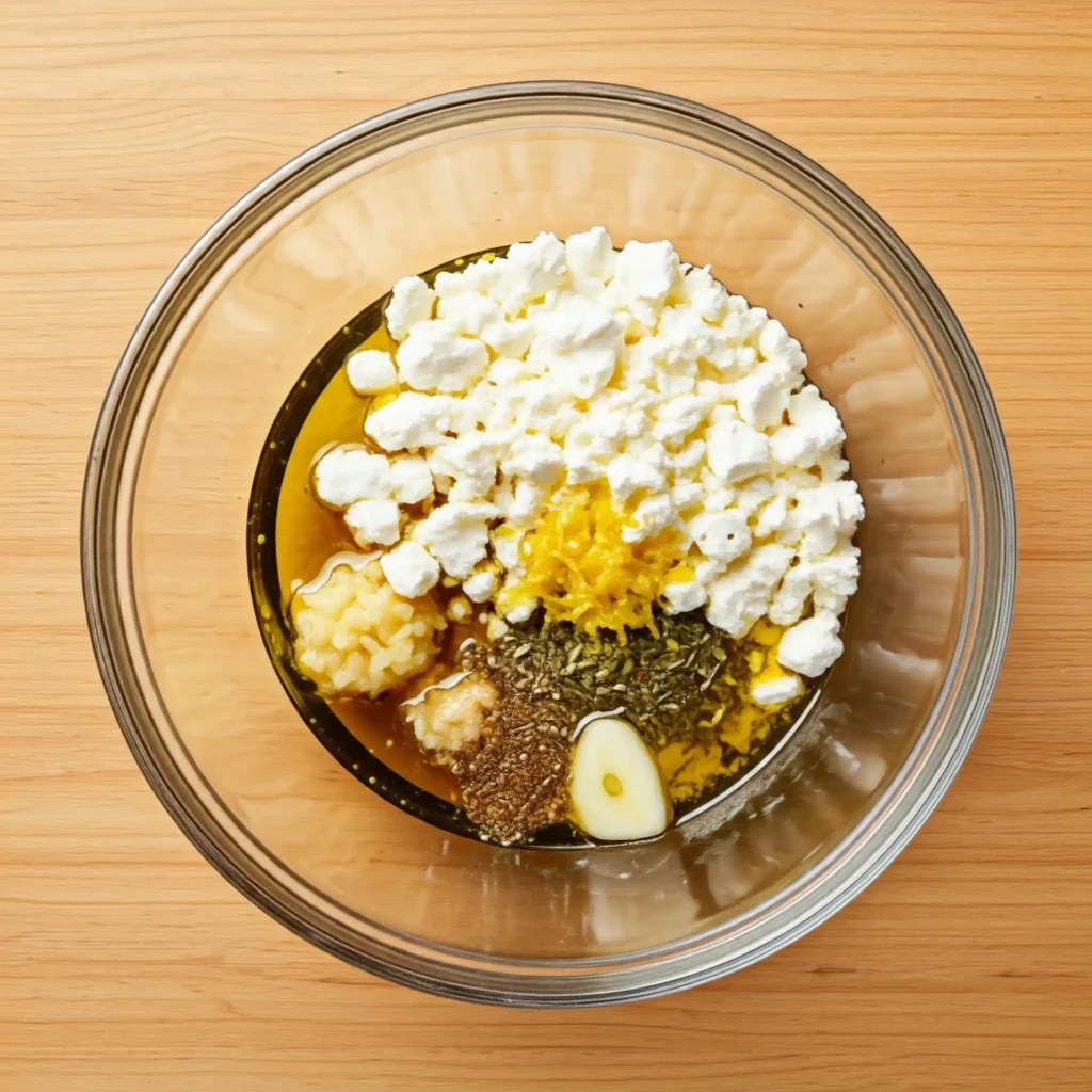 Bol en verre contenant des ingrédients pour une marinade : feta, huile d'olive, ail haché, zeste de citron et herbes séchées.