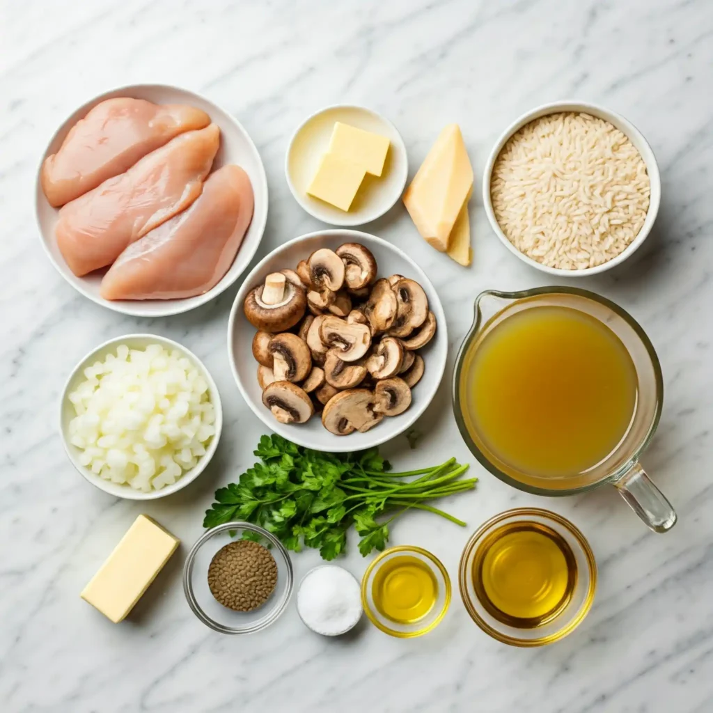 Vue de dessus des ingrédients pour préparer un risotto au poulet et aux champignons : poulet, champignons, riz, bouillon, beurre, fromage, oignons, persil, huile et épices.
