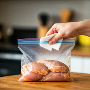 Image en plan moyen d'une main fermant un sac de congélation en plastique transparent rempli de cuisses de poulet marinées . La personne utilise une serviette en papier pour s'assurer que le joint du sac est propre et bien fermé. Le sac est posé sur une planche à découper en bois, avec un arrière-plan flou d'une cuisine.