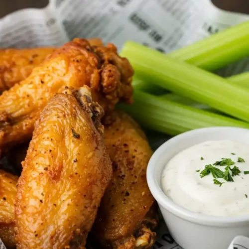 Ailes de poulet au four, présentées avec une sauce crémeuse et des bâtonnets de céleri.