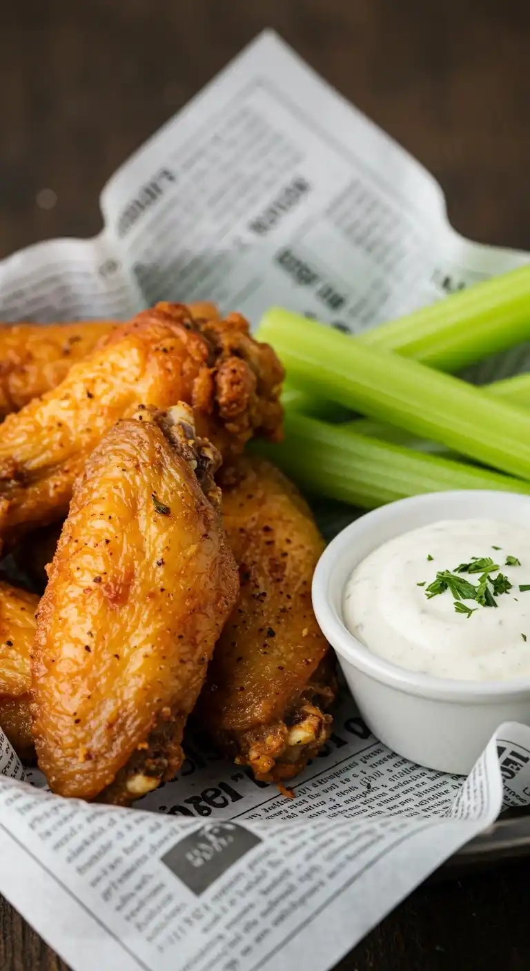 Ailes de poulet au four, présentées avec une sauce crémeuse et des bâtonnets de céleri.