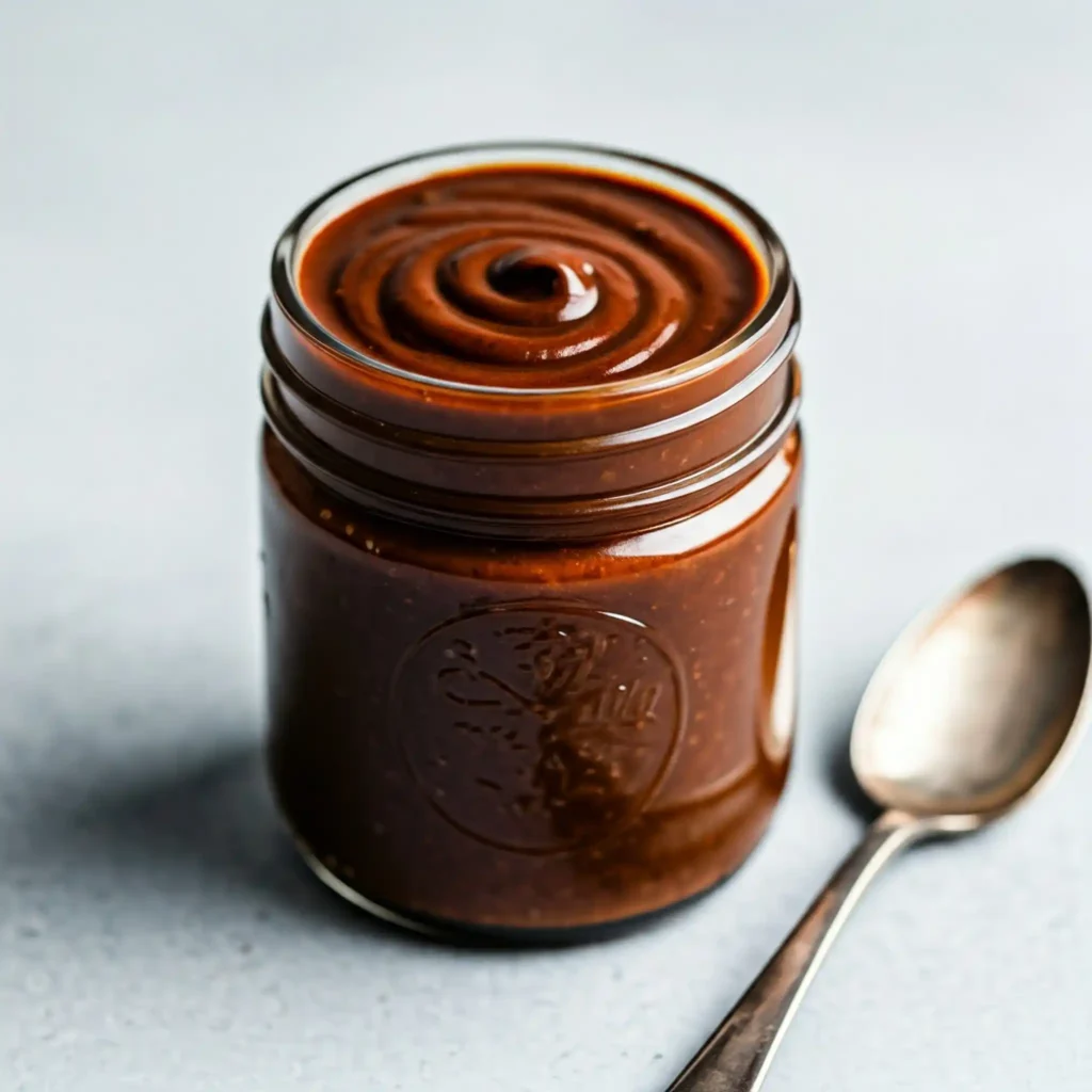 pot en verre avec marinade barbecue brune épaisse conservée au réfrigérateur