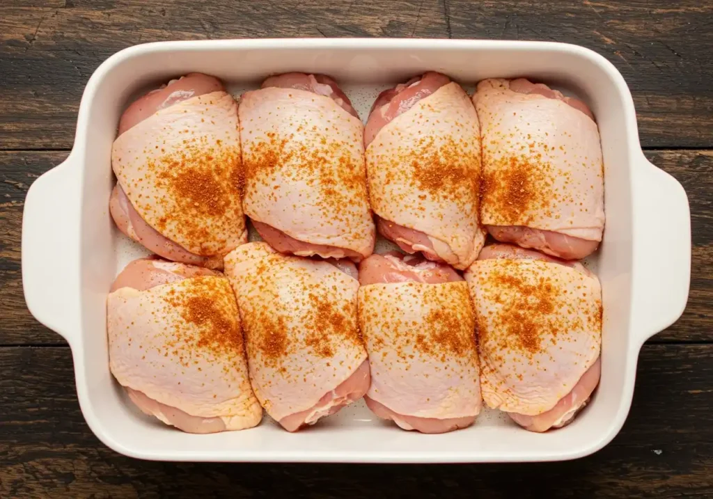 cuisses de poulet assaisonnées d'épices dans un plat blanc prêtes pour cuisson au four à 200°C