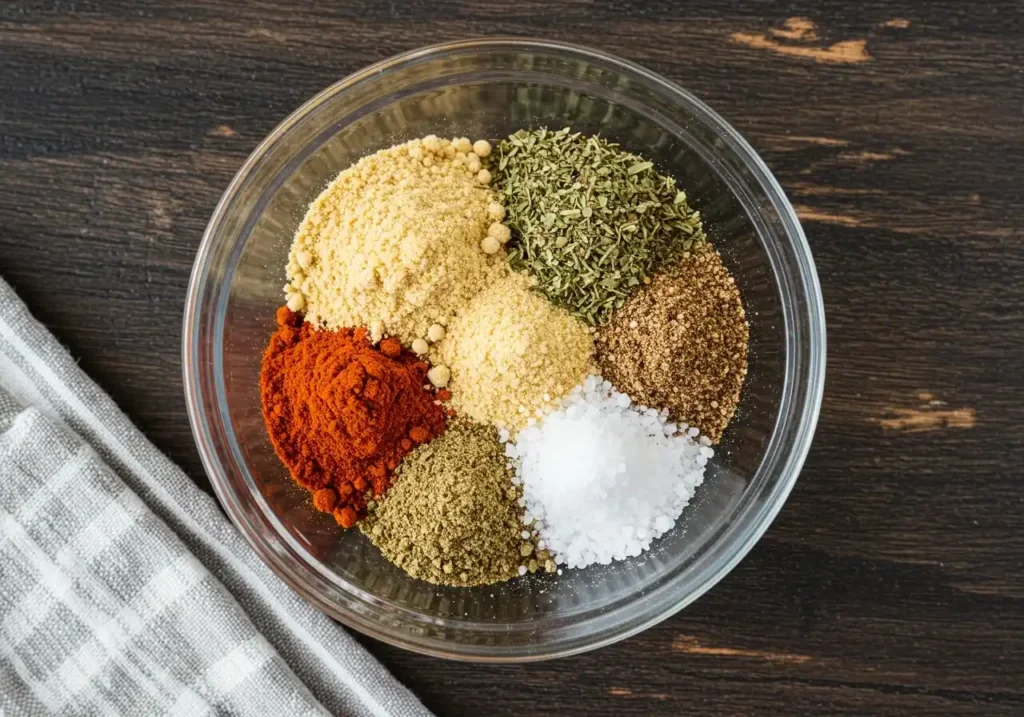 mélange d'épices pour cuisses de poulet au four croustillantes : paprika, poudre d'ail, poudre d'oignon, origan et sel