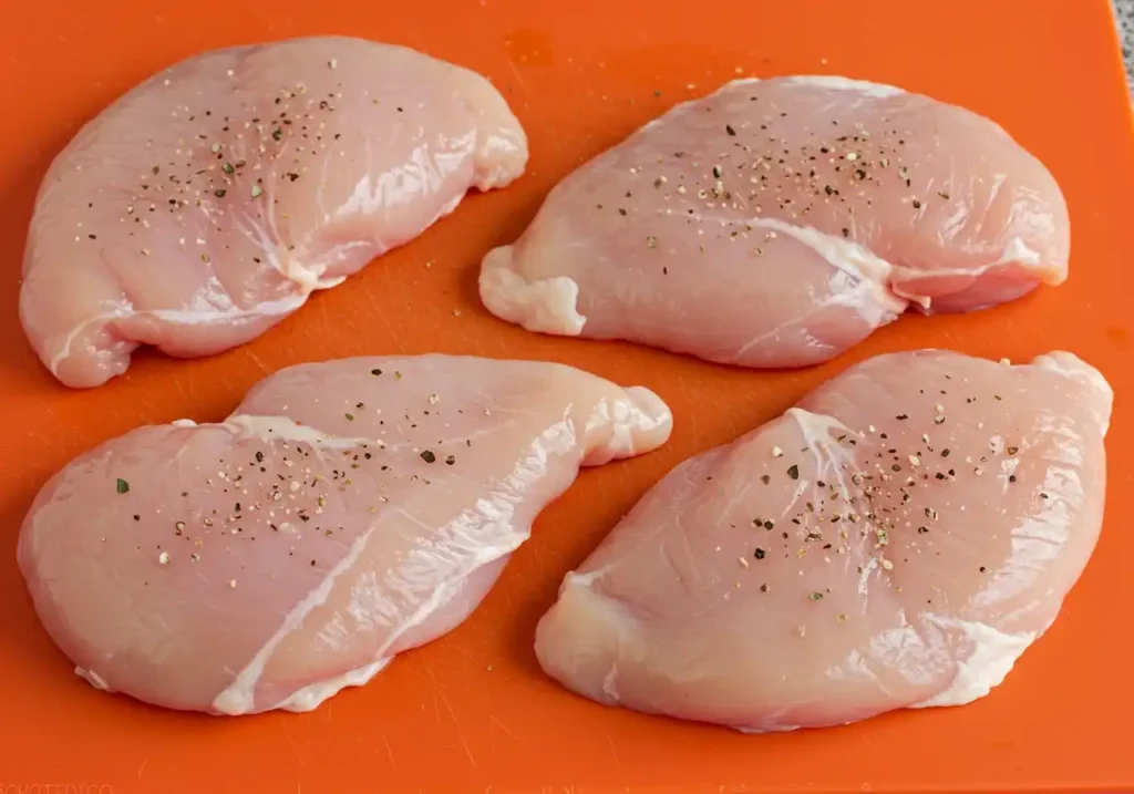 Gros plan sur quatre escalopes de poulet crues, disposées sur une planche à découper orange, saupoudrées de poivre et d'herbes, un ingrédient idéal pour la préparation d'escalopes de poulet parmigiana