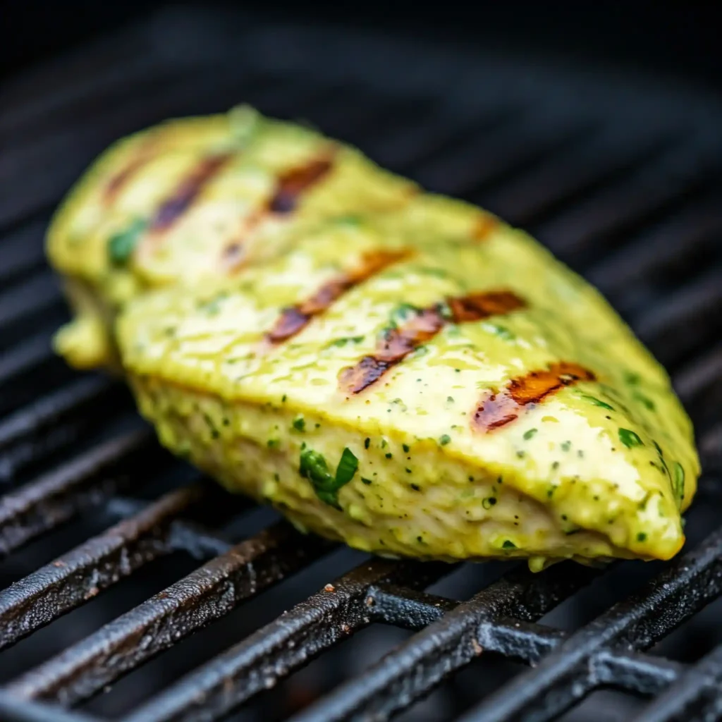 Poitrine de poulet marinée au curry pendant 24 heures, grillée avec des marques de cuisson visibles