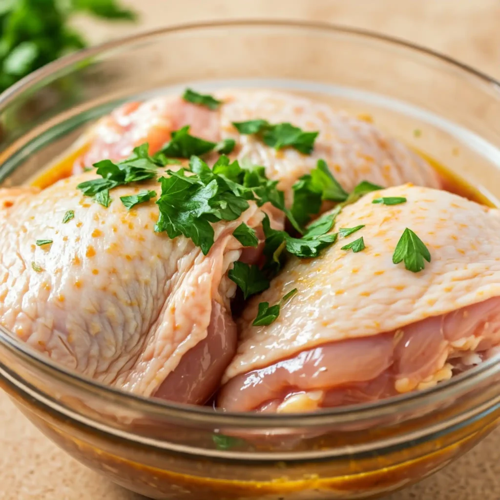 cuisses de poulet marinées dans une marinade sauce soja miel ail prêtes à cuire