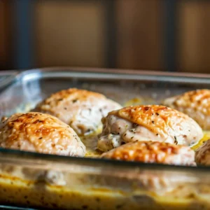 Cuisses de poulet cuites au four dans un plat en verre. Elles semblent marinées dans une sauce de style grecque.