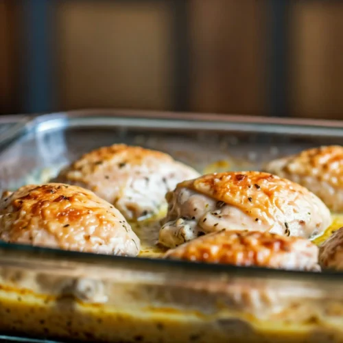 Cuisses de poulet cuites au four dans un plat en verre. Elles semblent marinées dans une sauce de style grecque.