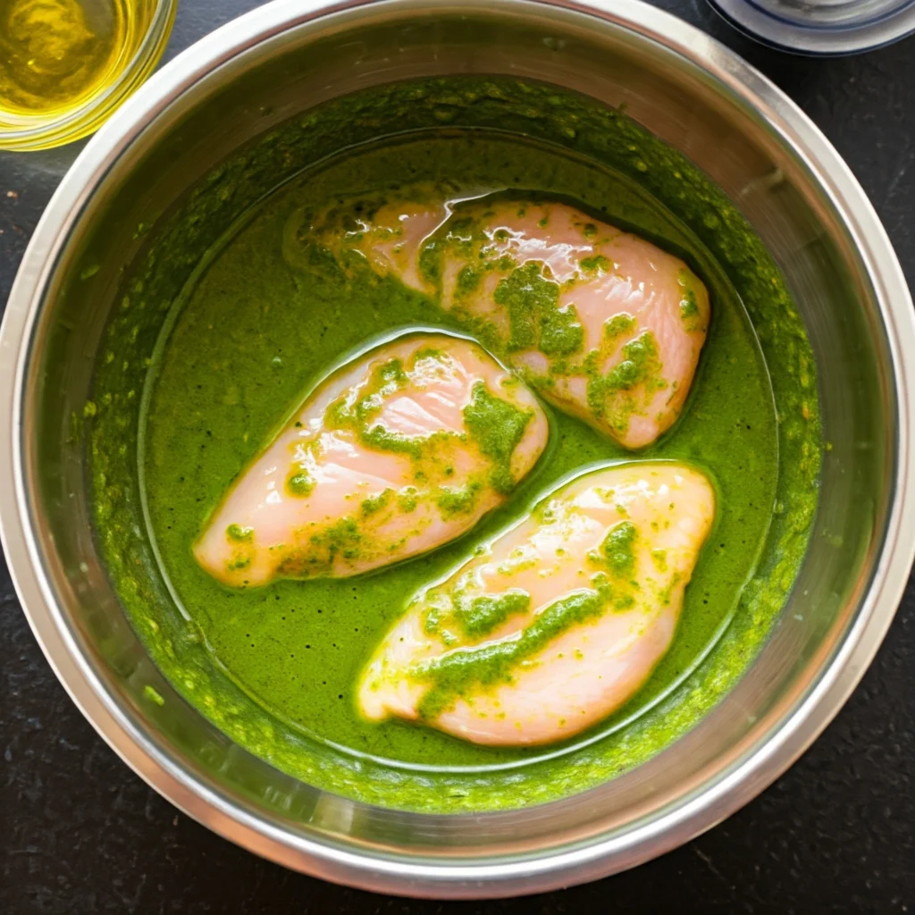 Vue de dessus d'un bol en acier inoxydable contenant trois blancs de poulet crus immergés dans une marinade verte crémeuse à base d'herbes. L'huile d'olive est visible dans un récipient en haut de l'image. Le fond est noir.