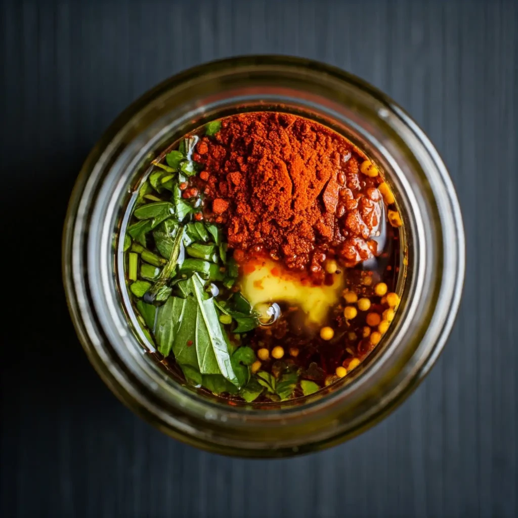 Préparation de marinade pour poulet à la sauce soja : Vue zénithale d'un bocal en verre rempli d'ingrédients non mélangés. On y distingue de la sauce soja, des herbes fraîches coupées, une généreuse quantité de paprika rouge, de la moutarde en grains et un morceau de beurre. L'ensemble suggère une marinade riche en saveurs et en couleurs, idéale pour mariner du poulet