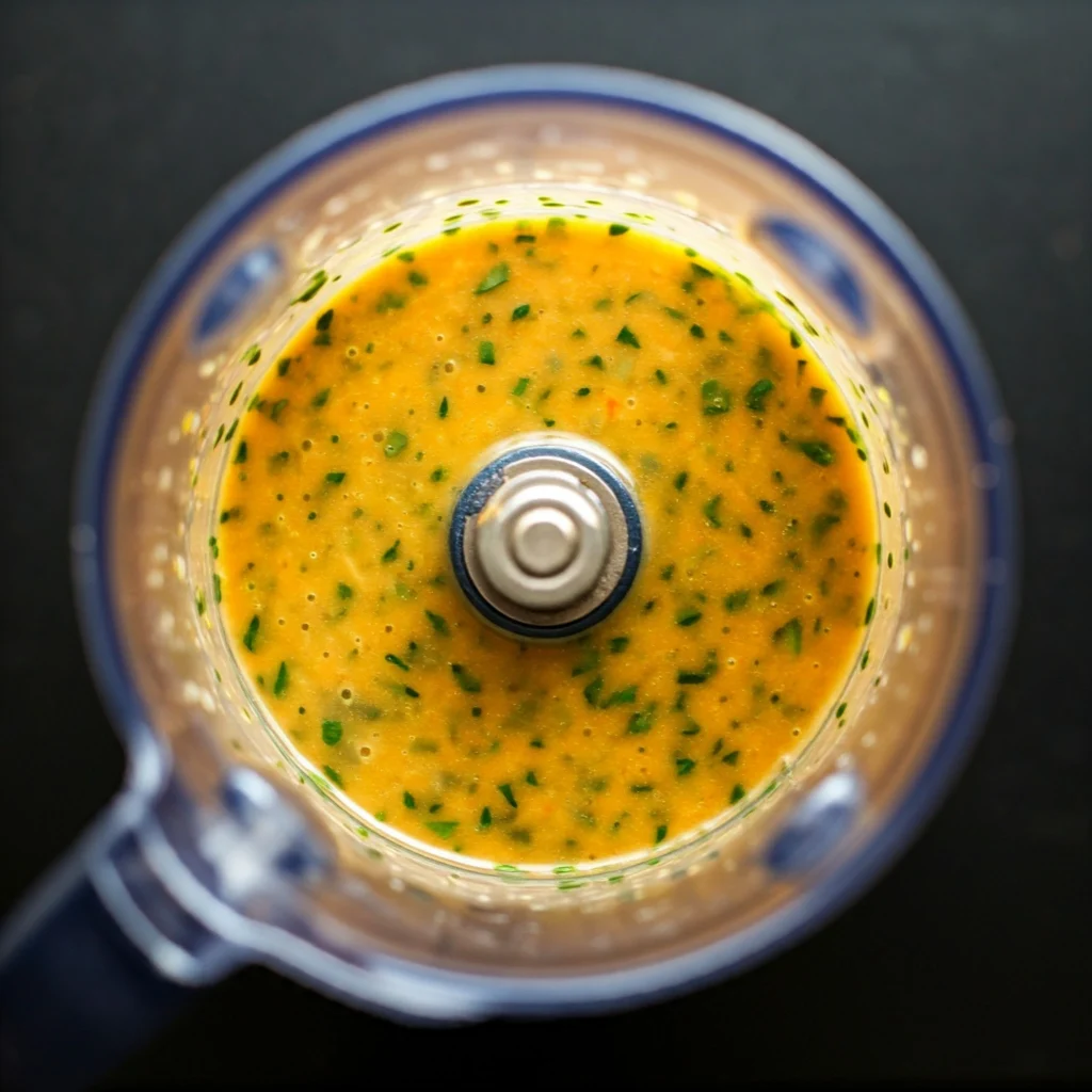 Marinade pour poulet mixée : Vue de dessus d'un blender contenant une marinade onctueuse de couleur jaune-orangée, parsemée d'herbes vertes finement hachées. L'aspect homogène de la préparation suggère une étape de mixage pour obtenir une marinade lisse, prête à enrober le poulet