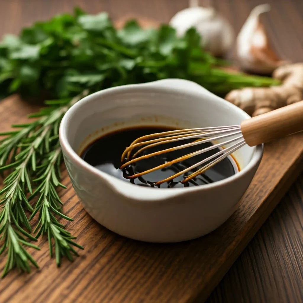 Préparation d'une marinade rapide pour pilons de poulet : gros plan sur un bol en céramique contenant une sauce sombre, probablement à base de sauce soja, mélangée avec un fouet. À l'arrière-plan, on distingue du persil frais, de l'ail et du gingembre, suggérant les ingrédients d'une marinade facile et savoureuse. Une branche de romarin est posée à côté du bol, indiquant une possible addition d'herbes aromatiques à la recette