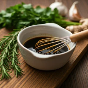 Préparation d'une marinade rapide pour pilons de poulet : gros plan sur un bol en céramique contenant une sauce sombre, probablement à base de sauce soja, mélangée avec un fouet. À l'arrière-plan, on distingue du persil frais, de l'ail et du gingembre, suggérant les ingrédients d'une marinade facile et savoureuse. Une branche de romarin est posée à côté du bol, indiquant une possible addition d'herbes aromatiques à la recette