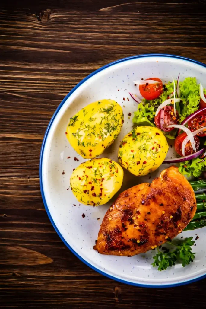 poitrine de poulet au four tendre et juteuse servie avec pommes de terre rôties et salade fraîche