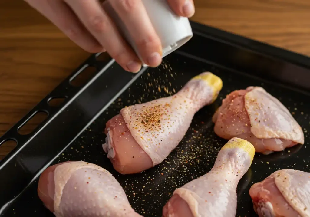 Un mélange d'épices est généreusement saupoudré sur des pilons de poulet juteux, prêts à être grillés à la perfection.